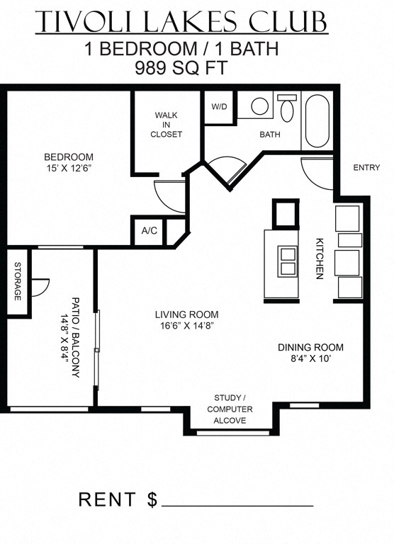 Floor plan for 1 bed, 1 bath, 989 sqft